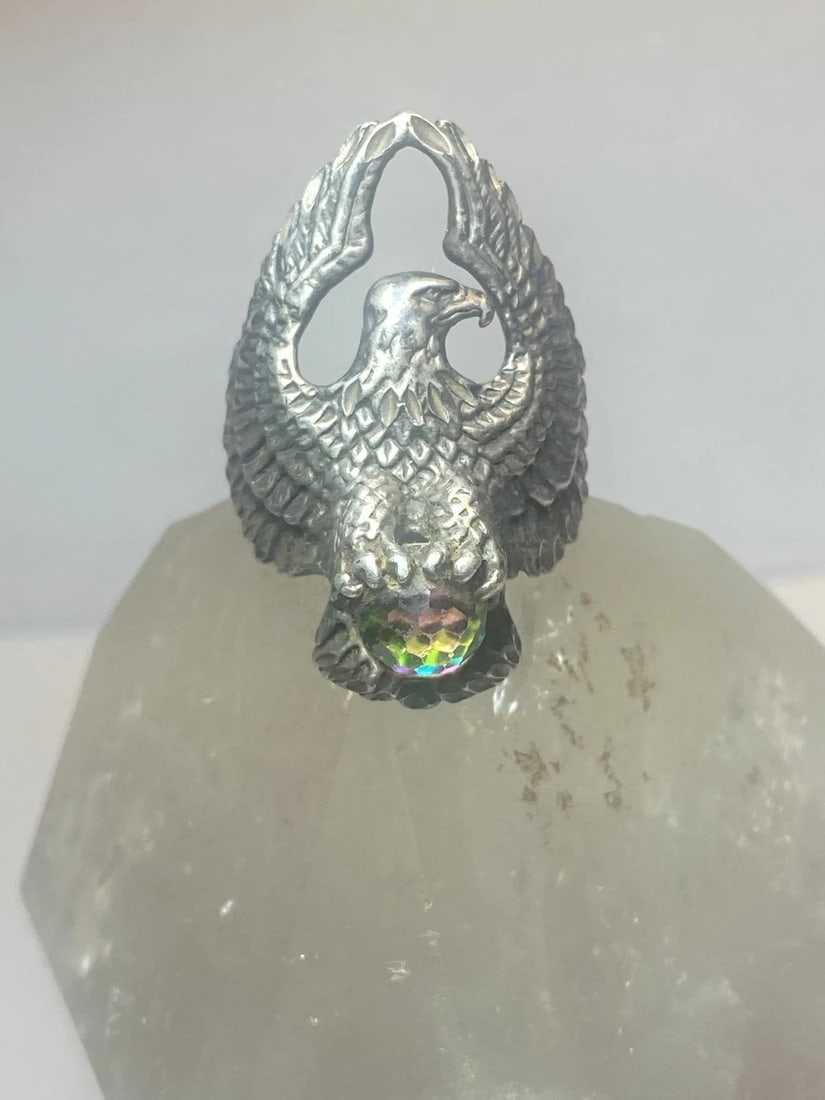 EAGLE RING SOUTHWEST STERLING SILVER RAINBOW DISCO BALL CRYSTAL WOMEN MEN: EAGLE RING SOUTHWEST STERLING SILVER RAINBOW DISCO BALL CRYSTAL WOMEN MEN Eagle ring southwest sterling silver rainbow disco ball crystal women men Size 9.50 Between a size 9.50 and a size 9.75 Weight