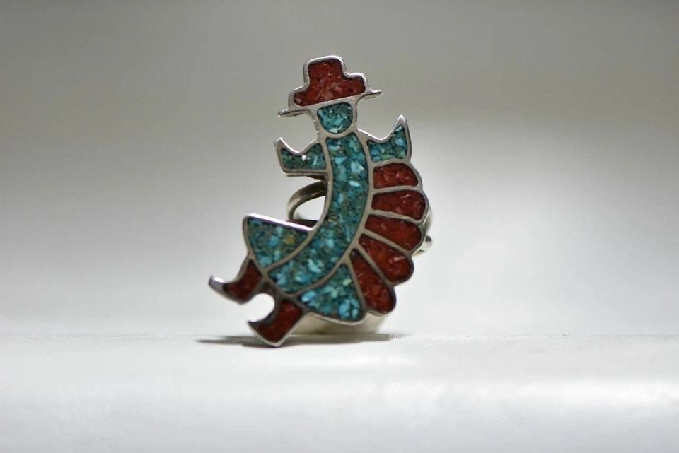 RAINBOW MAN RING DANCER TURQUOISE TRIBAL SOUTHWEST STERLING SILVER SIZE 10.5: RAINBOW MAN RING DANCER TURQUOISE TRIBAL SOUTHWEST STERLING SILVER SIZE 10.5 Kachina Man Ring Dancer Zuni Turquoise Coral Southwest tribal sterling silver men women Size 10.50 Weight 14.3g Widest part
