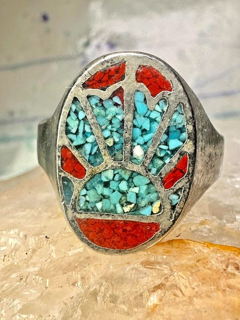 SUNRISE SUNSET RING BIRDS SEAGULL SOUTHWEST TURQUOISE CHIPS CORAL SIZE 13 STERLI: SUNRISE SUNSET RING BIRDS SEAGULL SOUTHWEST TURQUOISE CHIPS CORAL SIZE 13 STERLI Sunrise sunset ring birds seagull southwest turquoise chips coral size 13 sterling silver men Size 13 Weight 7.3g Lengt