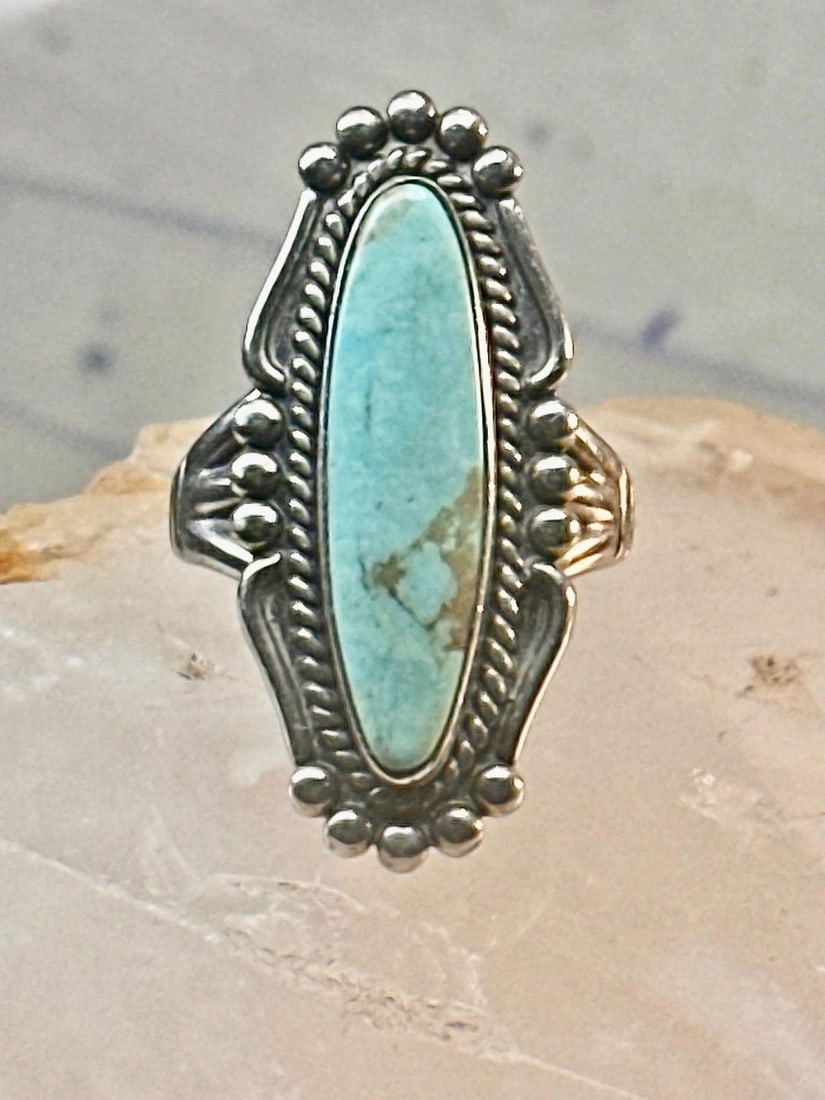 LONG NAVAJO RING TURQUOISE SOUTHWEST SIZE 6 STERLING SILVER WOMEN GIRLS: LONG NAVAJO RING TURQUOISE SOUTHWEST SIZE 6 STERLING SILVER WOMEN GIRLS Long Navajo ring turquoise southwest size 6 Sterling silver women girls Size 6 Between a size 6 and a size 6.25 Weight 7.2g Leng