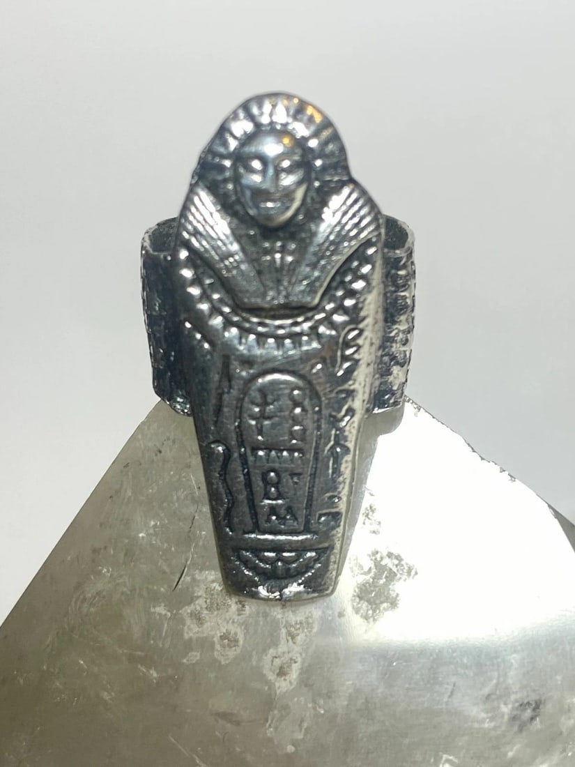 EGYPTIAN RING MUMMY PHARAOH STARS CELESTIAL STERLING SILVER BAND WOMEN SIZE 5.75: EGYPTIAN RING MUMMY PHARAOH STARS CELESTIAL STERLING SILVER BAND WOMEN SIZE 5.75 Egyptian ring mummy band stars hieroglyphics celestial sterling silver band women Size 5.75 Weight 15.8g Length 1. 1/2"