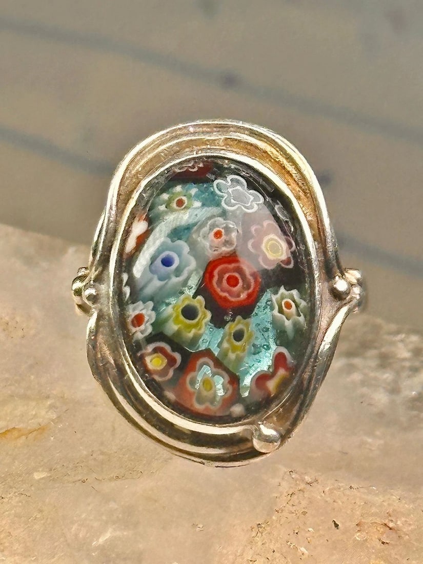 MILLEFIORI RING CAITHNESS GLASS RING VINTAGE 1980 SIZE 8.25 STERLING SILVER WOM (1 of 2)