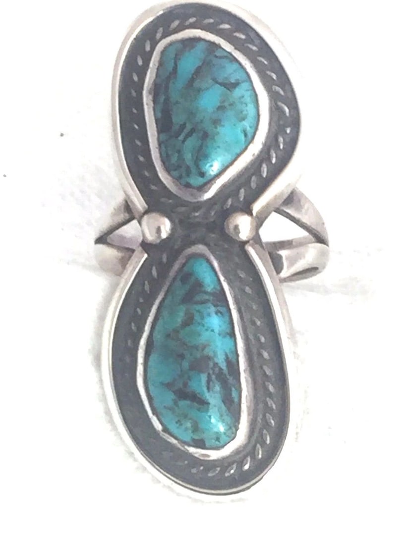NAVAJO RING LONG TURQUOISE SIZE 6 VINTAGE STERLING SILVER SOUTHWEST TRIBAL (1 of 1)