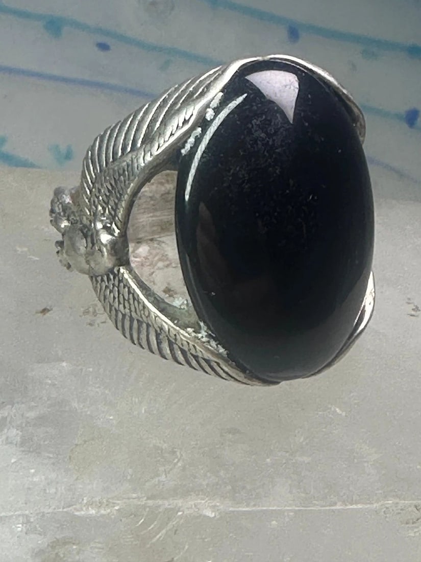 EAGLE RING ONYX CAROLYN POLLACK SIZE 11 STERLING SILVER WOMEN MEN: EAGLE RING ONYX CAROLYN POLLACK SIZE 11 STERLING SILVER WOMEN MEN Eagle ring Onyx Carolyn Pollack size 11 sterling silver women men Size 11 Weight 16.2g Length 1" Width 5/8" Thinnest part of band 1/4"