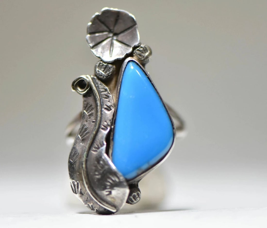 TURQUOISE RING LONG NAVAJO SQUASH BLOSSOM FEATHERS SOUTHWEST STERLING SILVER (1 of 1)