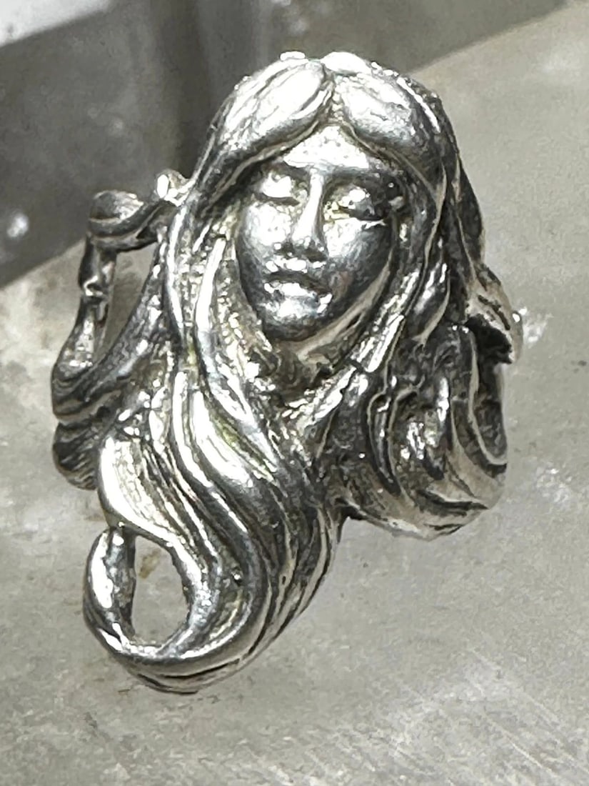 SLEEPING FACE RING FLOWING HAIR SIZE 6 ART NOUVEAU FIGURATIVE BAND STERLING SIL: SLEEPING FACE RING FLOWING HAIR SIZE 6 ART NOUVEAU FIGURATIVE BAND STERLING SIL Sleeping Face ring flowing hair Size 6 Art Nouveau figurative band Sterling Silver women Size 6 Weight 9.4g Width 1" Bac
