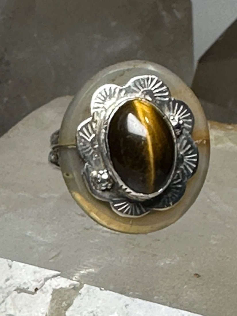 TIGER EYE RING FLORAL AGATE BAND SIZE 7.50 STERLING SILVER WOMEN (1 of 2)