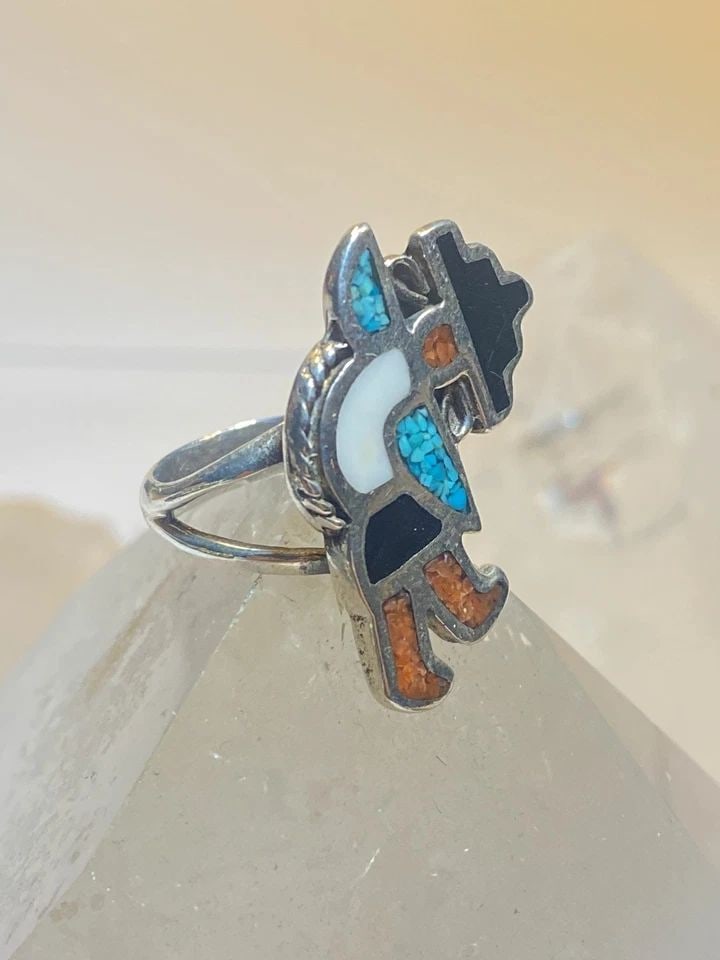 KACHINA RING SIZE 5.25 ONYX TURQUOISE CORAL CHIPS NAVAJO STERLING SILVER BAND S: KACHINA RING SIZE 5.25 ONYX TURQUOISE CORAL CHIPS NAVAJO STERLING SILVER BAND S Kachina ring onyx turquoise coral chips Navajo sterling silver band southwest Size 5.25 Between a size 5.25 and a size 5