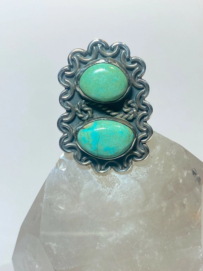 TURQUOISE RING SOUTHWEST STERLING SILVER WOMEN SIZE 7.25: TURQUOISE RING SOUTHWEST STERLING SILVER WOMEN SIZE 7.25 Turquoise ring southwest sterling silver women Minor stone imperfections Size 7.25 Weight 14.5g Length 1 1/2" Width. 1" Thinnest part of band 1