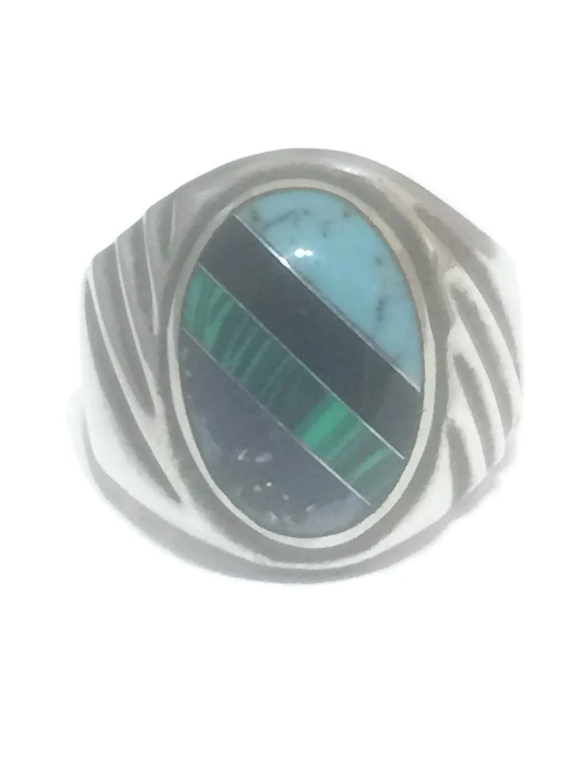 VINTAGE STERLING SILVER MALACHITE ONYX RING SIZE 10.75: VINTAGE STERLING SILVER MALACHITE ONYX RING SIZE 10.75 Vintage Sterling Silver Turquoise Malachite Onyx Ring Made in Mexico Signed TM Size 10.75 Weight 19g Length 7/8" Width 1
