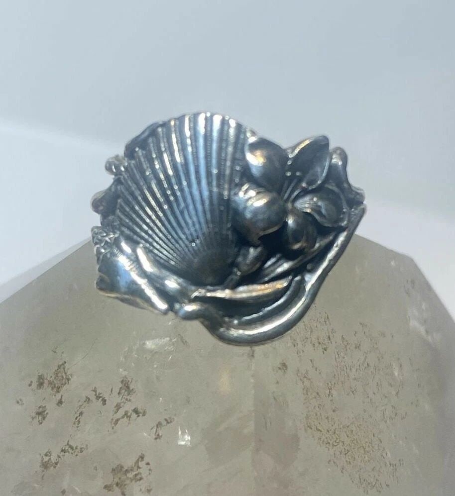 SHELL RING FLORAL BEACH SCALLOP SEA SHELLS STERLING SILVER WOMEN GIRLS (1 of 2)