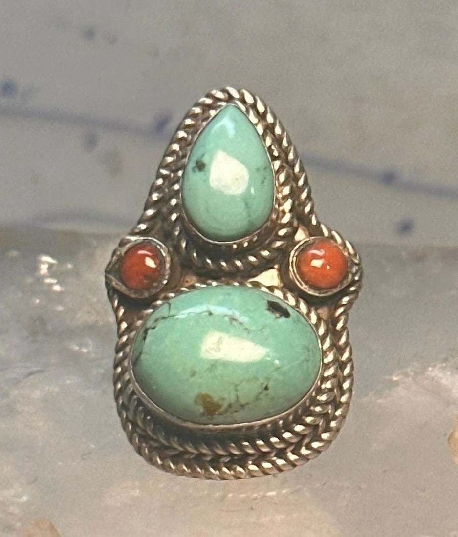 TURQUOISE BOHO LONG CORAL SIZE 7 STERLING SILVER WOMEN: TURQUOISE BOHO LONG CORAL SIZE 7 STERLING SILVER WOMEN Turquoise Boho long coral size 7 sterling silver women Size 7 Weight 14.1g Length 1 3/8" Width 7/8" Thinnest part of band 3/16"