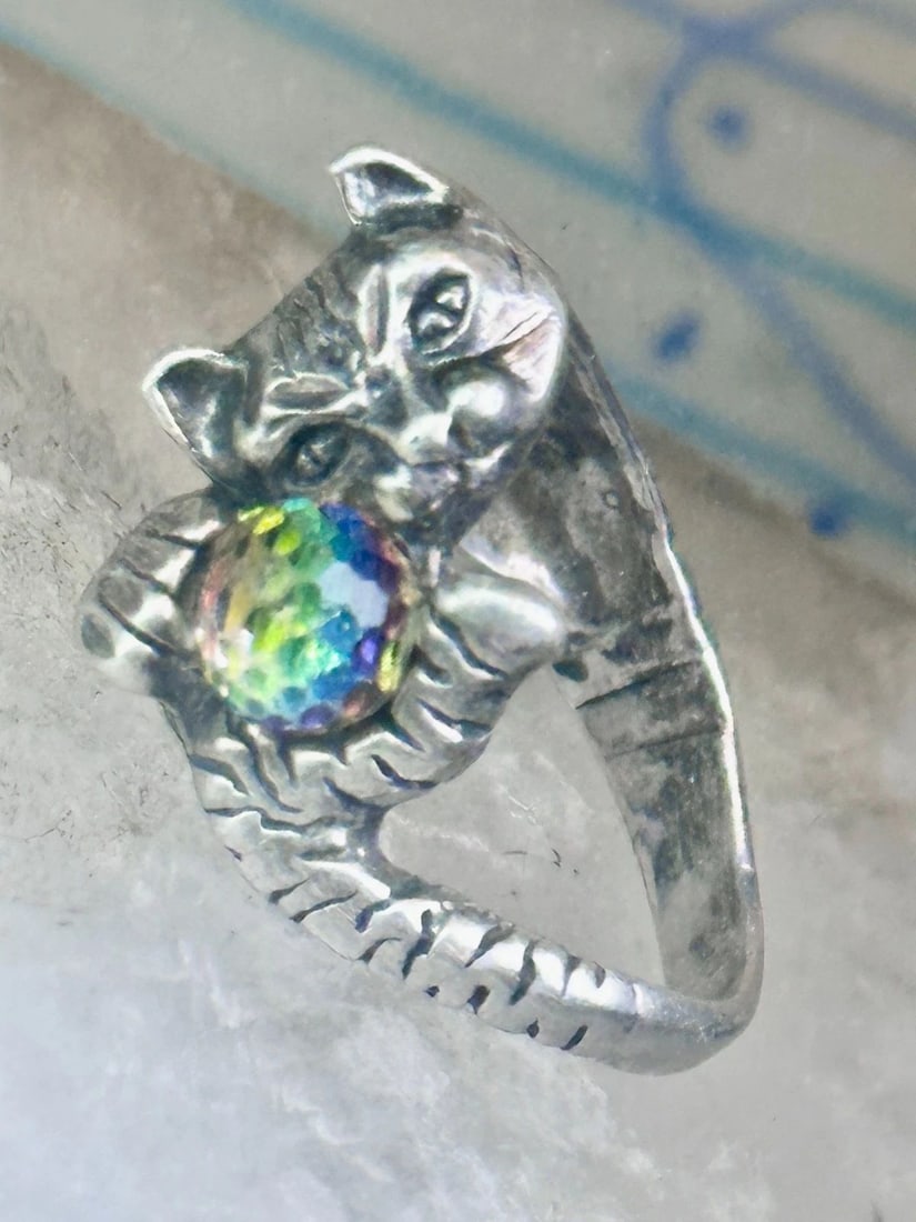 VINTAGE CAT RING WITH CRYSTAL RAINBOW BALL BAND SIZE 5 STERLING SILVER WOMEN GI (1 of 2)