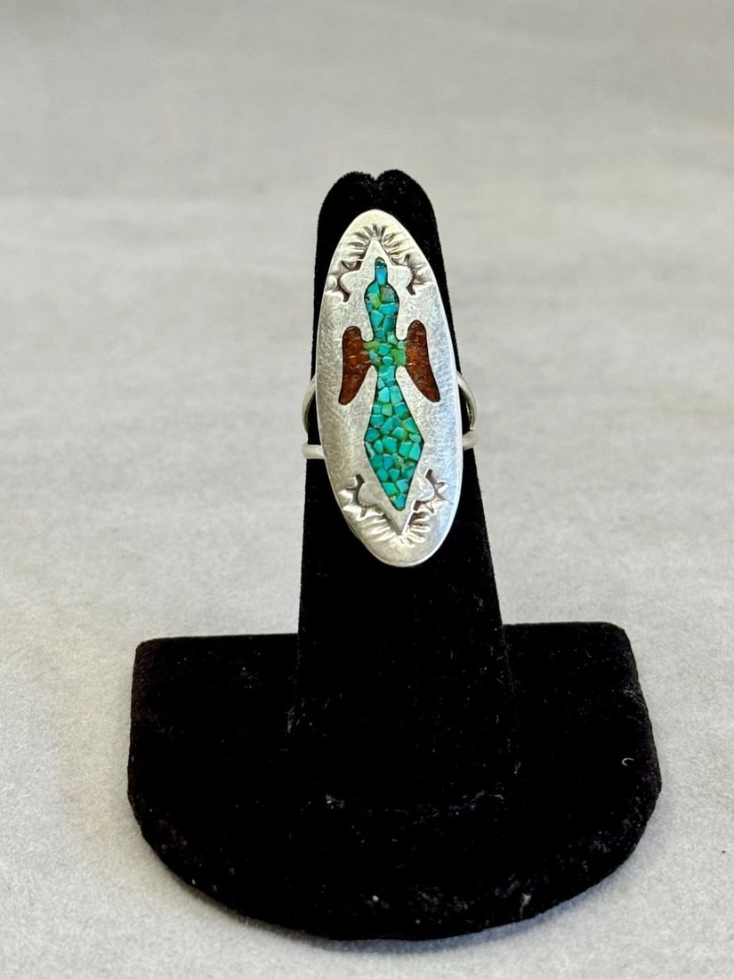 OLD PAWN NAVAJO STERLING SILVER RING TURQUOISE AND CORAL WATERBIRD INLAY 5 3/4: OLD PAWN NAVAJO STERLING SILVER RING TURQUOISE AND CORAL WATERBIRD INLAY 5 3/4 Old Pawn Navajo Sterling Silver Ring with Turquoise and Coral Waterbird Inlay. Size 5 3/4 1 1/2” tall