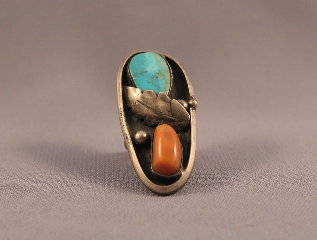 OLD PAWN NAVAJO STERLING SILVER TURQUOISE AND CORAL RING SIZE 4: OLD PAWN NAVAJO STERLING SILVER TURQUOISE AND CORAL RING SIZE 4 Item Description: 1 3/4” tall