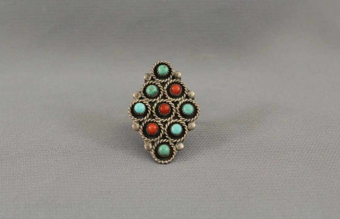 OLD PAWN ZUNI TURQUOISE AND CORAL RING SIZE 5 1/4: OLD PAWN ZUNI TURQUOISE AND CORAL RING SIZE 5 1/4 Item Description: 1 1/2 " Tall