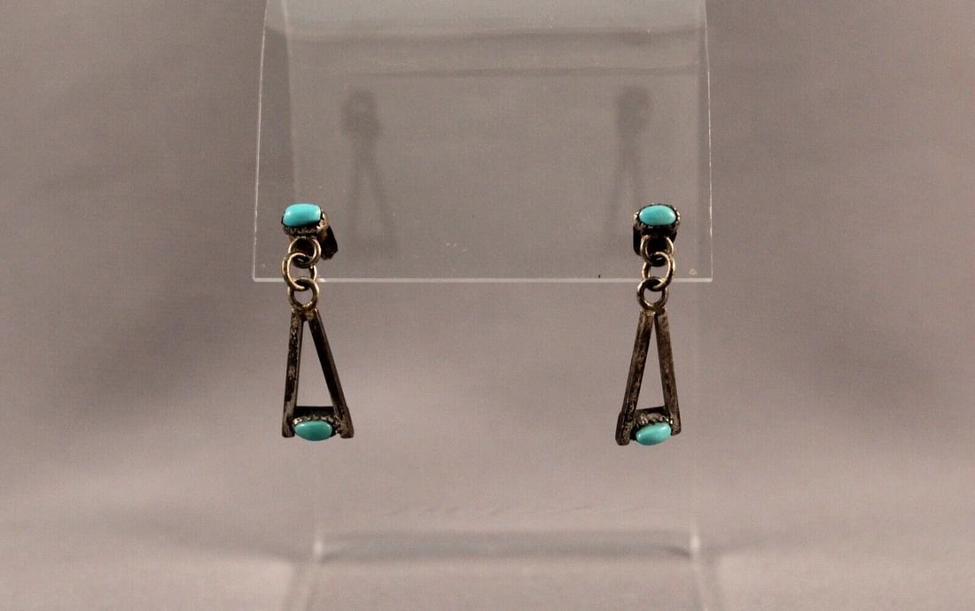 OLD PAWN NAVAJO STERLING SILVER AND TURQUOISE EARRINGS: OLD PAWN NAVAJO STERLING SILVER AND TURQUOISE EARRINGS Item Description: 1” Tall