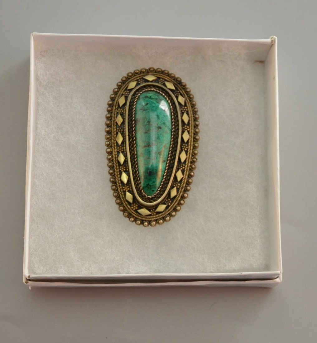 VINTAGE EILATSTONE ARGENTIUM PIN / PENDANT - 935 SILVER MADE IN ISRAEL - 2 3/8": VINTAGE EILATSTONE ARGENTIUM PIN / PENDANT - 935 SILVER MADE IN ISRAEL - 2 3/8" Item Description: This vintage pin / pendant is set with a rare Eilatstone Argentium stone that has been beautifully pol