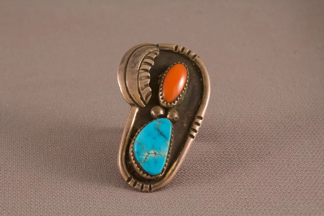 OLDER NAVAJO TURQUOISE AND CORAL RING ..SIZE 6 3/4: OLDER NAVAJO TURQUOISE AND CORAL RING ..SIZE 6 3/4 Item Description: 1 3/4" tall ..Great Older Navajo Ring With Turquoise And Coral