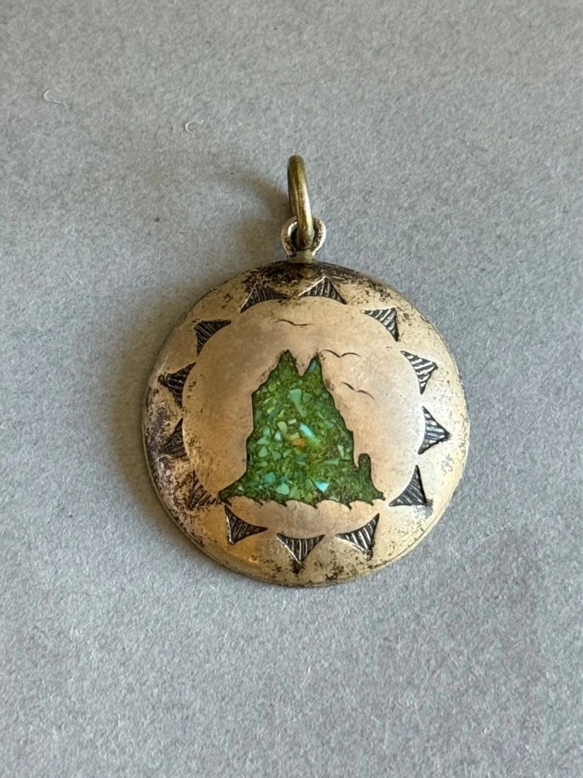 OLD PAWN NAVAJO STERLING SILVER WITH INLAID TURQUOISE PENDANT SHIPROCK: OLD PAWN NAVAJO STERLING SILVER WITH INLAID TURQUOISE PENDANT SHIPROCK Old Pawn Navajo Sterling Silver with Inlaid Turquoise Pendant 1 3/8" Tall ..1" wide