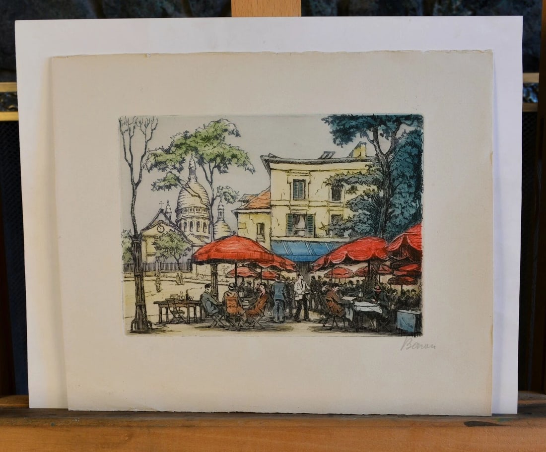 VINTAGE COLORED ETCHING PRINT - PARIS BUSY STREET CAFE MONTMARTRE - SIGNED BONAN: VINTAGE COLORED ETCHING PRINT - PARIS BUSY STREET CAFE MONTMARTRE - SIGNED BONAN Item Description: This charming vintage print shows a busy café in the Montmarte district of Paris. The image size is 