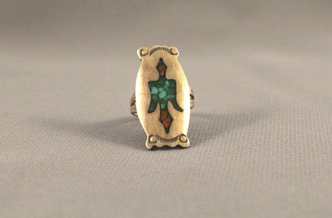 OLD PAWN STERLING SILVER TURQUOISE, CORAL BIRD NAVAJO RING SIZE 5: OLD PAWN STERLING SILVER TURQUOISE, CORAL BIRD NAVAJO RING SIZE 5 Item Description: 1 1/8” tall