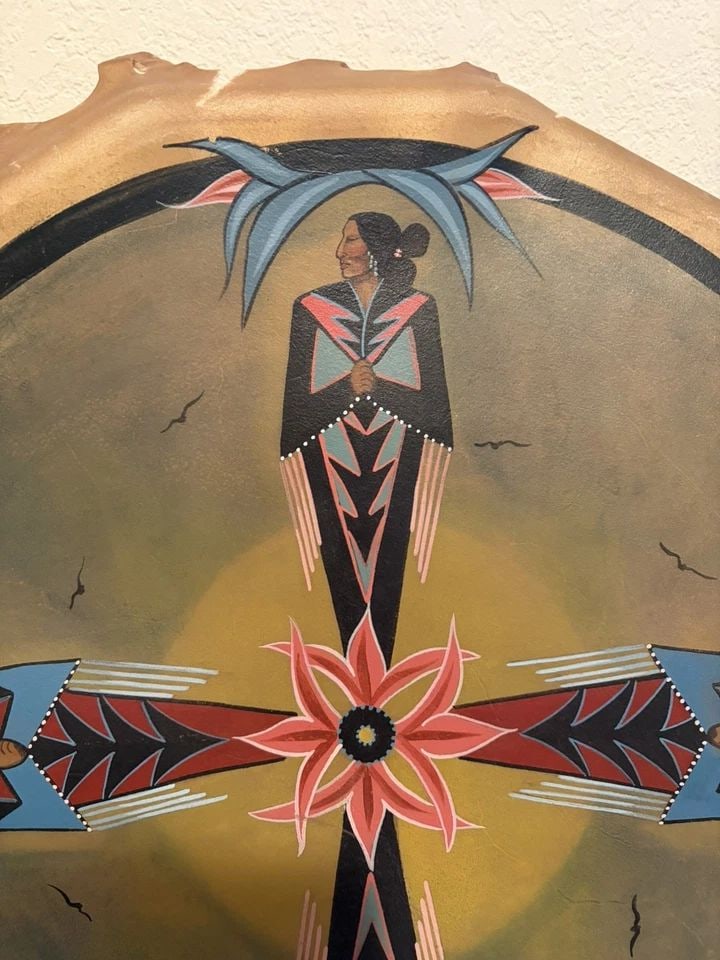 T. LOWE - NATIVE AMERICAN ROUND PAINTING - FOUR DIRECTIONS ON RAWHIDE - 23" (1 of 1)