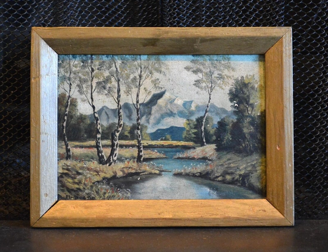 SMALL ANTIQUE OIL PAINTING - 1930 - MOUNTAIN LANDSCAPE - SIGNED BRAZDILIK (1 of 2)