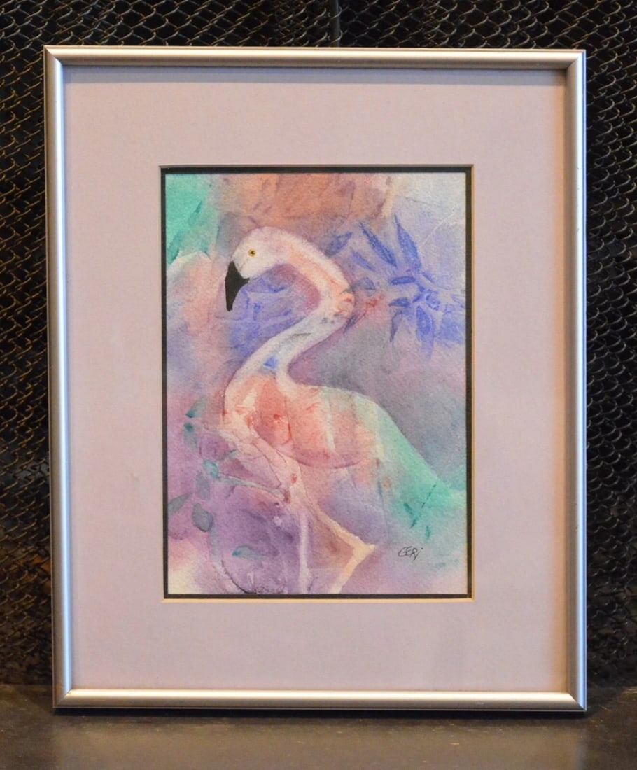 GERI WARD - WATERCOLOR PAINTING - PINK FLAMINGO - SOFT PASTELS - MATTED FRAMED: GERI WARD - WATERCOLOR PAINTING - PINK FLAMINGO - SOFT PASTELS - MATTED FRAMED This watercolor painting was done by Montana artist Geri Ward. It is titled Flamingo on the back and signed in the lower 
