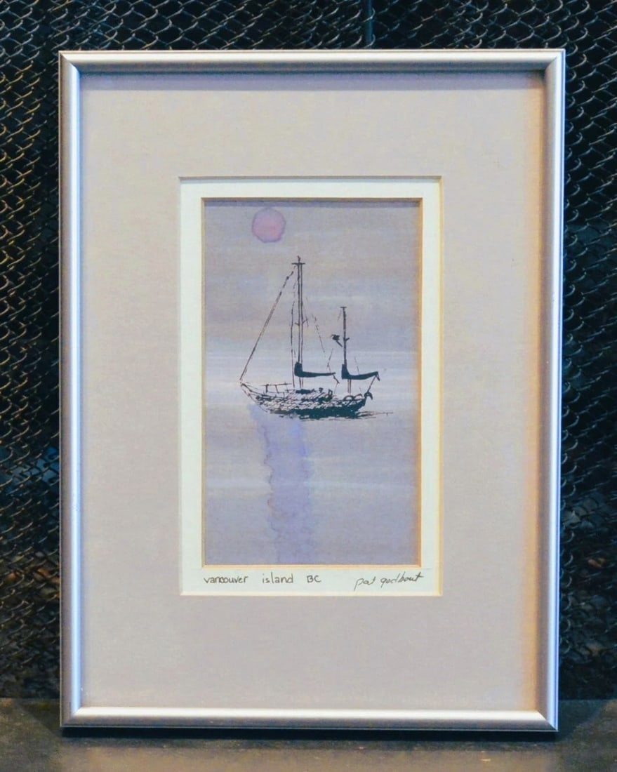 PAT GODBOUT - WATERCOLOR PAINTING VANCOUVER ISLAND BC SAILING SHIP AT SEA SUNSET: PAT GODBOUT - WATERCOLOR PAINTING VANCOUVER ISLAND BC SAILING SHIP AT SEA SUNSET This small watercolor painting was done by Canadian artist Pat Godbout. It has been beautifully matted, framed and cove