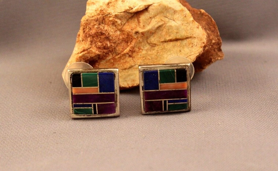 VINTAGE ZUNI STERLING SILVER AND STONE INLAID EARRINGS -: VINTAGE ZUNI STERLING SILVER AND STONE INLAID EARRINGS - Item Description: 3/4" length and width