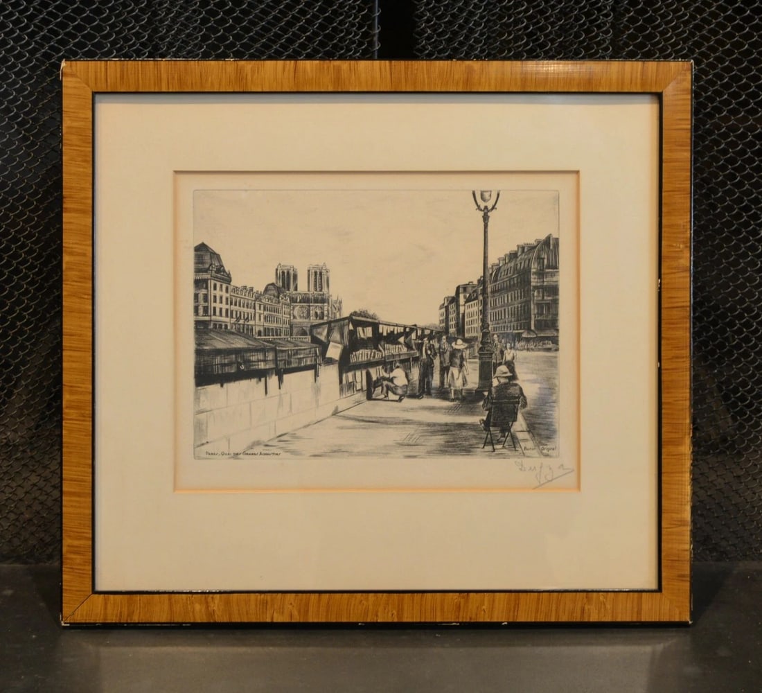 VINTAGE FRAMED ETCHING PARIS BOOKSTALL SEINE QUAI DES GRANDES AUGUSTINS - DUFZA: VINTAGE FRAMED ETCHING PARIS BOOKSTALL SEINE QUAI DES GRANDES AUGUSTINS - DUFZA Item Description: This etching shows a classic Paris bookstall on the Seine River. The Notre Dame Cathedral can be seen 