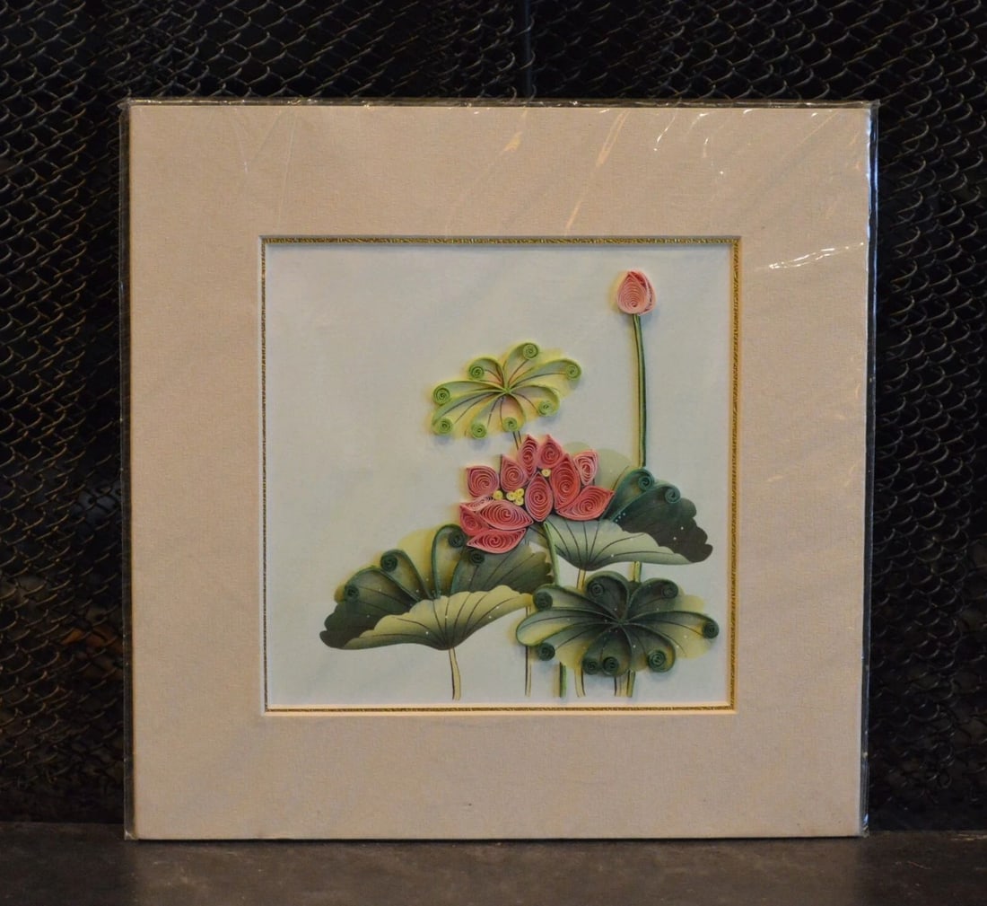 PAPER FILAGREE - QUILLED FLORAL COLLAGE PAINTING - BEAUTIFULLY MATTED - 8" X 8" (1 of 2)