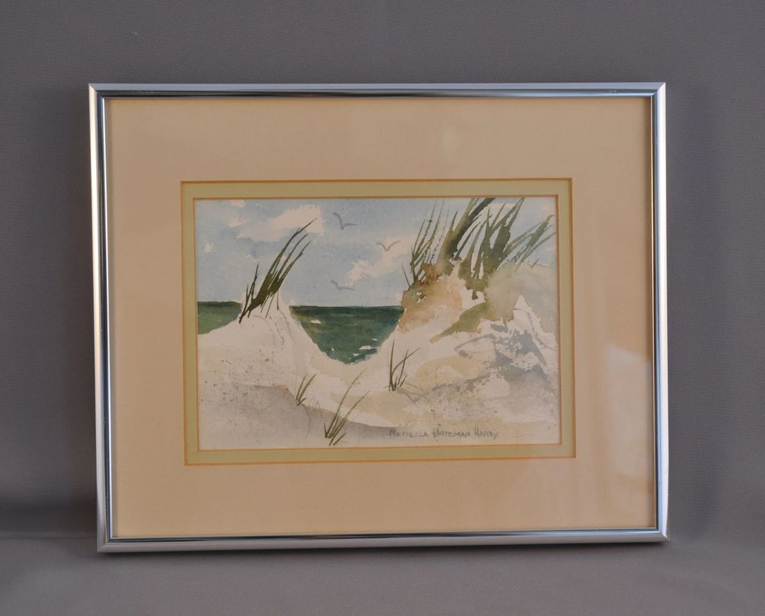 REBECCA BATEMAN HARDY - WATERCOLOR SAND SEASCAPE - JACKSONVILLE BEACH - FLORIDA: REBECCA BATEMAN HARDY - WATERCOLOR SAND SEASCAPE - JACKSONVILLE BEACH - FLORIDA Item Description: This watercolor beach scene was done by Rebecca Bateman Hardy (1914-2013). It is identified on the bac