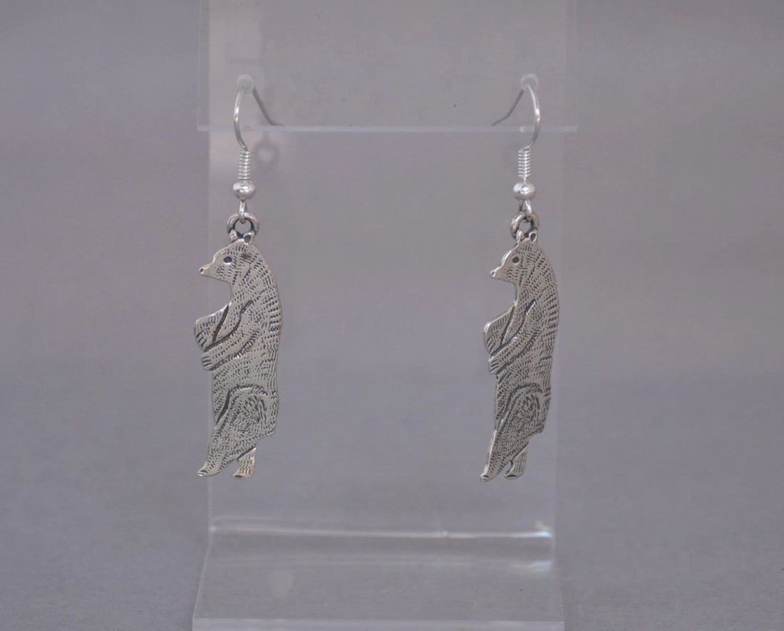 NAVAJO STERLING SILVER DANGLE EARRINGS - STANDING BEAR - 2" DROP - AJM (1 of 2)