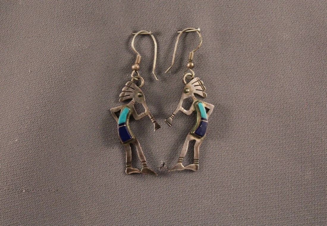VINTAGE NAVAJO SILVER KOKOPELLI EARRINGS -: VINTAGE NAVAJO SILVER KOKOPELLI EARRINGS - Item Description: 2" length