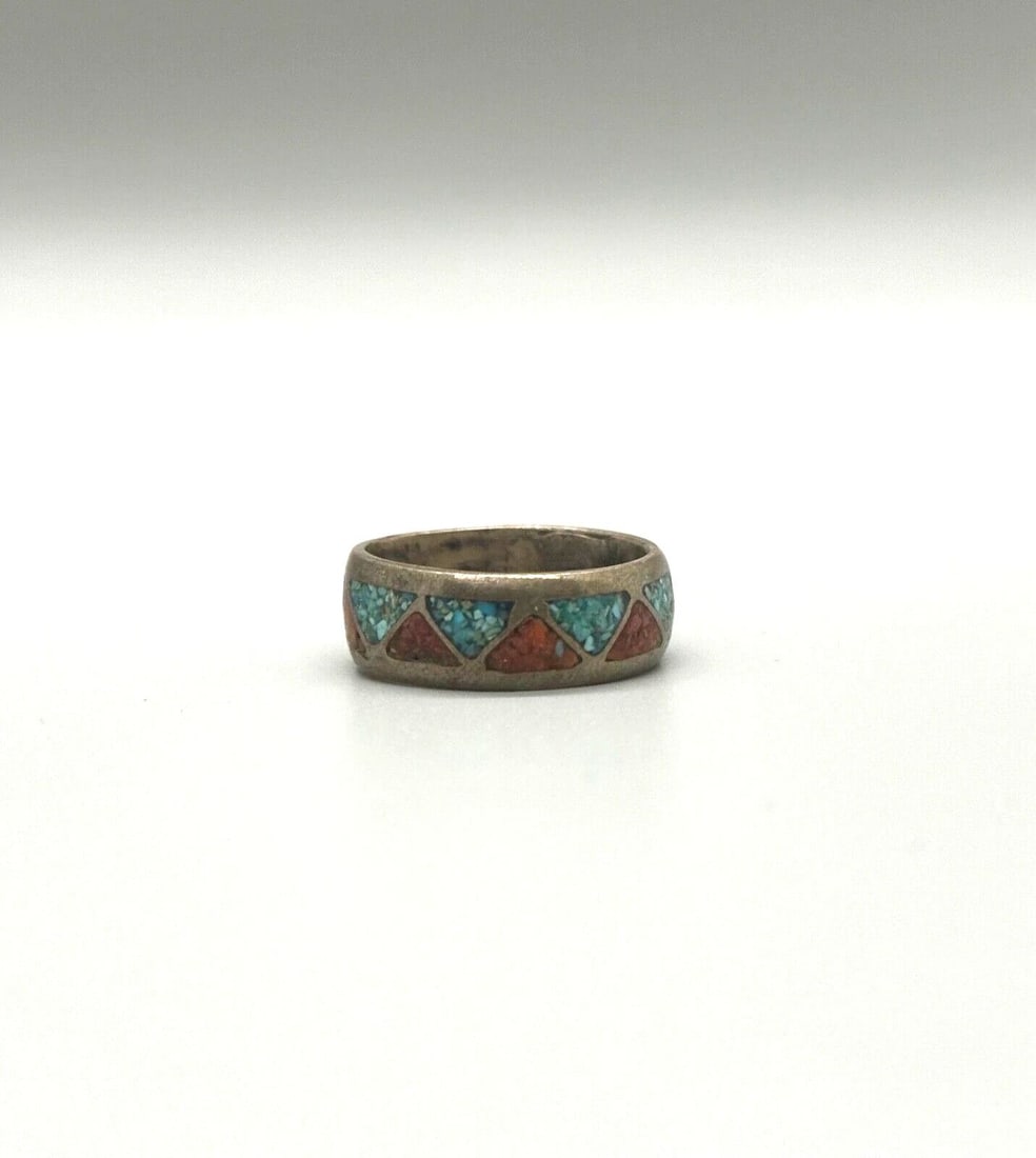 VINTAGE NAVAJO STERLING SILVER AND TURQUOISE AND CORAL RING SIZE 8 3/4: VINTAGE NAVAJO STERLING SILVER AND TURQUOISE AND CORAL RING SIZE 8 3/4 Item Description: 1/4 " Wide P