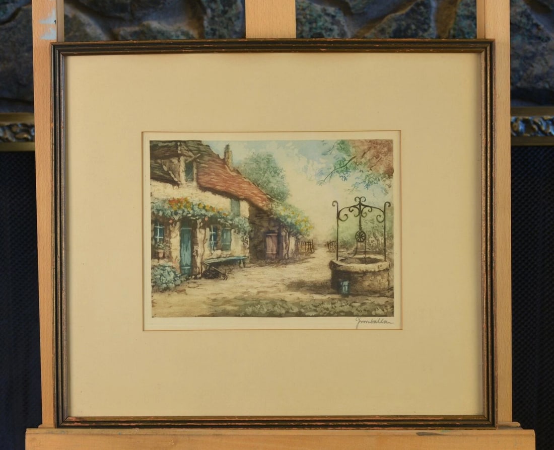 CHARMING OLD EUROPEAN THATCHED ROOF COTTAGE STONE WELL - SIGNED COLORED ETCHING (1 of 2)