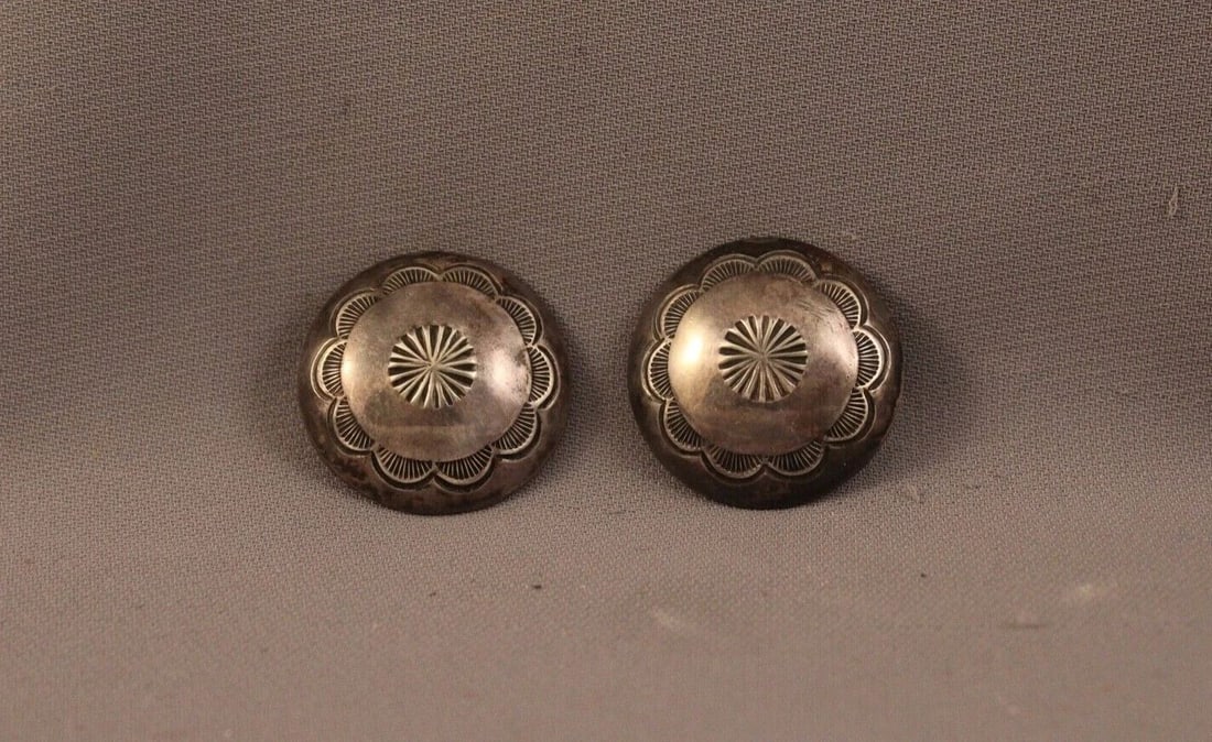 OLD PAWN NAVAJO STERLING SILVER CONCHO EARRINGS -: OLD PAWN NAVAJO STERLING SILVER CONCHO EARRINGS - Item Description: 1 1/8" width