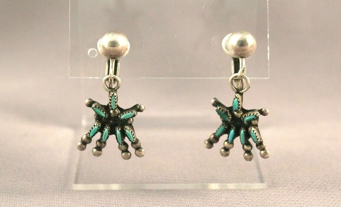 OLD PAWN ZUNI SILVER AND NEEDLE POINT TURQUOISE EARRINGS (1 of 2)