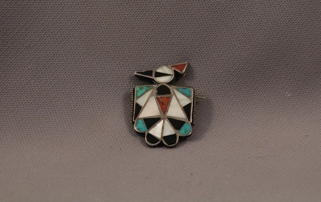 OLD PAWN ZUNI INLAID STERLING SILVER PUEBLO BIRD PIN: OLD PAWN ZUNI INLAID STERLING SILVER PUEBLO BIRD PIN Item Description: 1 3/8" Tall P