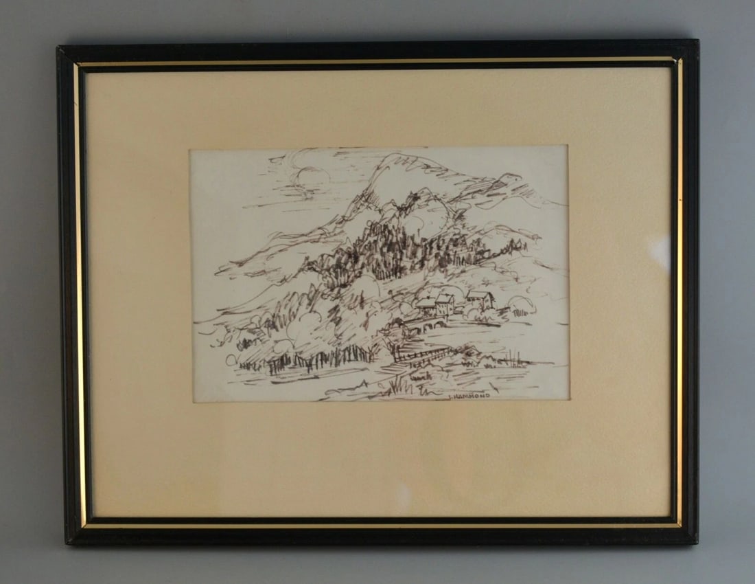VINTAGE FRAMED PEN & INK DRAWING - BLACK FOREST VIENNA - I. HAMMOND - 1969: VINTAGE FRAMED PEN & INK DRAWING - BLACK FOREST VIENNA - I. HAMMOND - 1969 Item Description: This vintage pen and ink drawing is titled on the back, "Black Forest Vienna 1969". The drawing is signed a