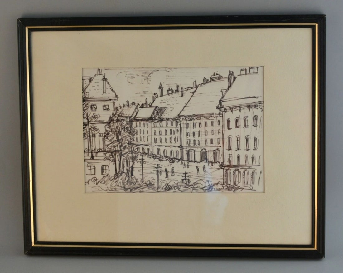 VTG FRAMED PEN & INK DRAWING - FROM HOTEL WINDOW IN VIENNA - I. HAMMOND - 1969: VTG FRAMED PEN & INK DRAWING - FROM HOTEL WINDOW IN VIENNA - I. HAMMOND - 1969 Item Description: This vintage pen and ink drawing is titled on the back, "From Hotel Window in Vienna 1969". The drawing