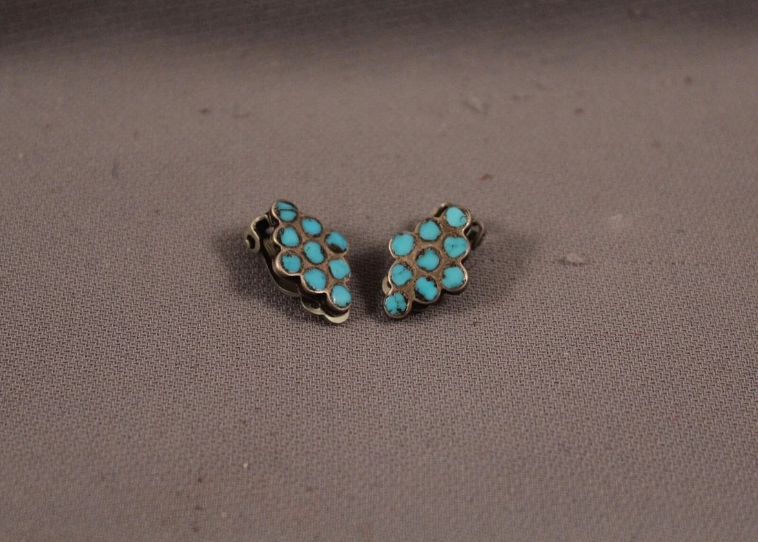 OLD PAWN ZUNI STERLING SILVER AND TURQUOISE EARRINGS - (1 of 2)