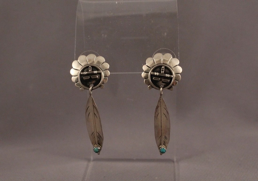 VINTAGE NAVAJO SILVER SUN FACE TURQUOISE FEATHER EARRINGS -: VINTAGE NAVAJO SILVER SUN FACE TURQUOISE FEATHER EARRINGS - Item Description: 2" length