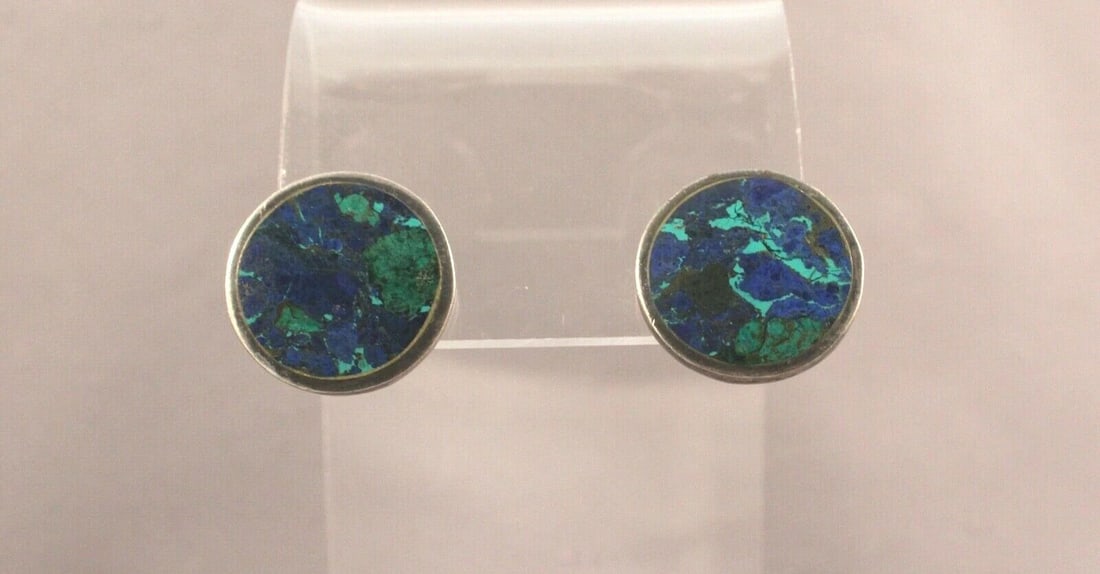 VINTAGE NAVAJO STERLING SILVER AZURITE MALACHITE EARRINGS - 3/4" ROUND - STUDS: VINTAGE NAVAJO STERLING SILVER AZURITE MALACHITE EARRINGS - 3/4" ROUND - STUDS Item Description: 3/4" across
