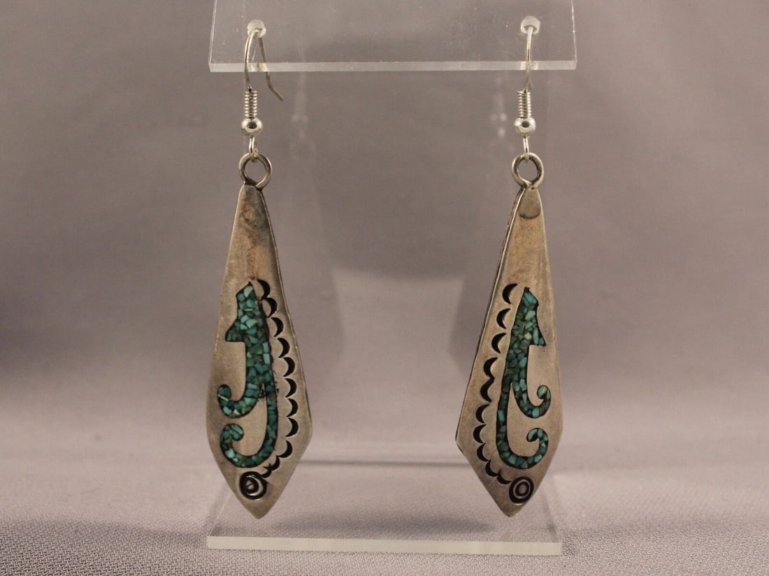 OLD PAWN NAVAJO SILVER EARRINGS INLAID: OLD PAWN NAVAJO SILVER EARRINGS INLAID Item Description: 2 5/8” length from Top of Wire to bottom