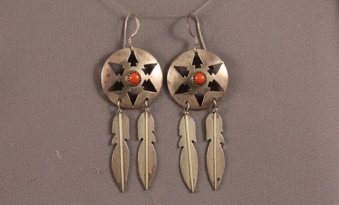VINTAGE NAVAJO SILVER AND CORAL EARRINGS -FEATHERS..: VINTAGE NAVAJO SILVER AND CORAL EARRINGS -FEATHERS.. Item Description: 2" 3/4 length From top of wire to bottom of feather..