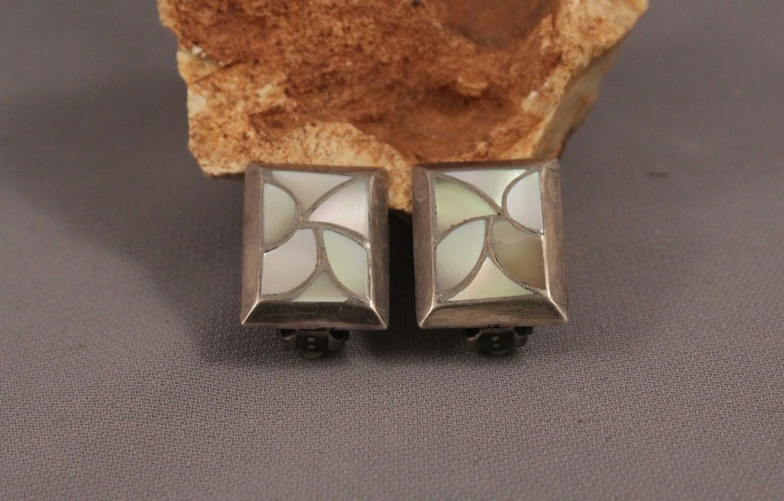 OLD PAWN ZUNI STERLING SILVER AND SHELL INLAY EARRINGS -: OLD PAWN ZUNI STERLING SILVER AND SHELL INLAY EARRINGS - Item Description: 1" length x 3/4" width P