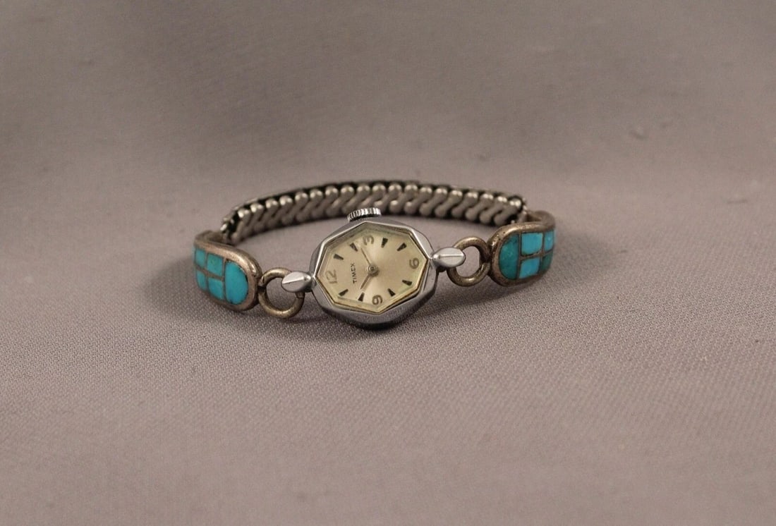 OLD PAWN ZUNI TURQUOISE WATCH BAND: OLD PAWN ZUNI TURQUOISE WATCH BAND Item Description: Old Zuni Watch Bands 3/8" w. x 1 1/4" long each side P
